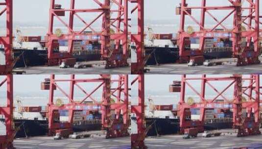 航拍宁波北仑集装箱码头吊装货物高清在线视频素材下载