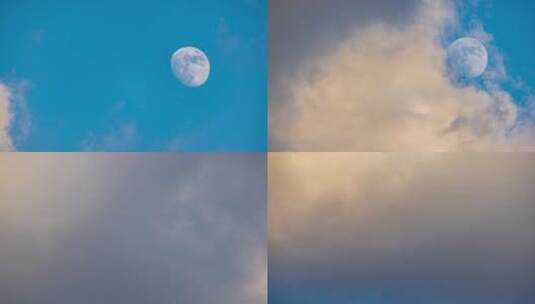 蓝天月亮云朵8K延时摄影高清在线视频素材下载