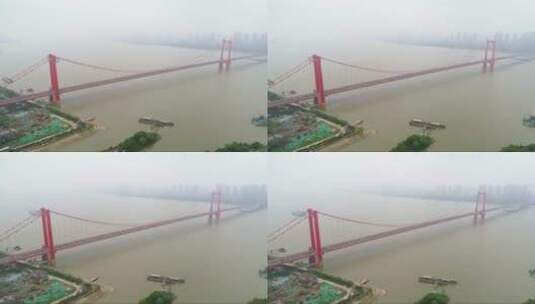 航拍下的红色吊桥高清在线视频素材下载