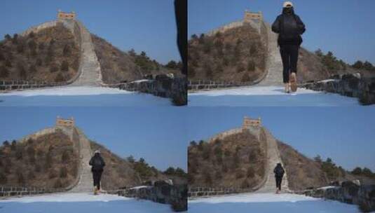旅途者冬天徒步登长城高清在线视频素材下载