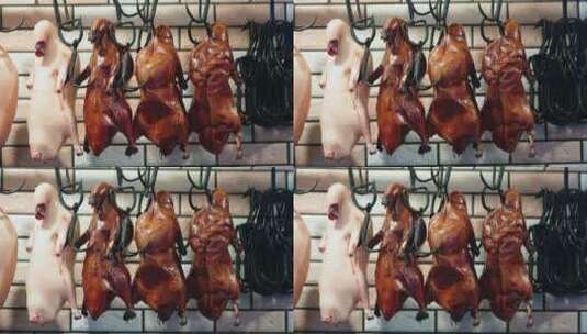 挂在架子上的北京烤鸭高清在线视频素材下载