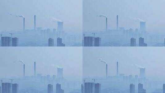 晨雾中的电厂航拍高清在线视频素材下载