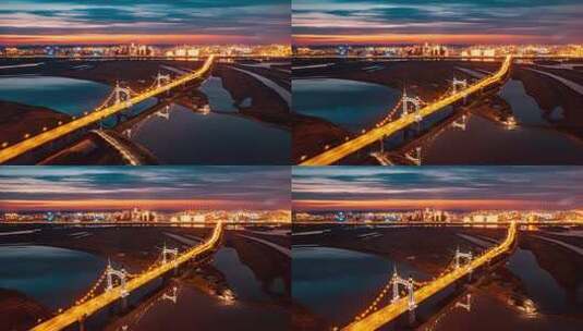 中国哈尔滨阳明滩大桥日落晚霞航拍延时高清在线视频素材下载