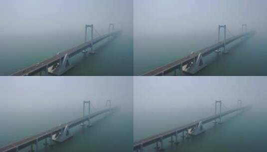 航拍大连雾中的星海湾跨海大桥高清在线视频素材下载