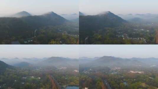 航拍杭州西湖太子湾公园早晨雾景视频高清在线视频素材下载