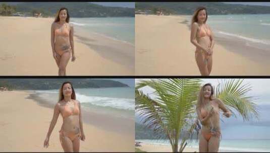 穿着比基尼的女人在海滩散步高清在线视频素材下载
