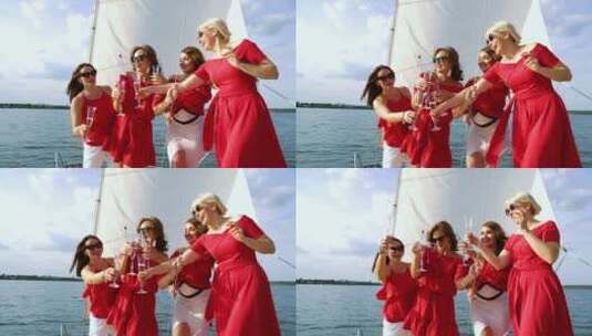 四个漂亮的女人在帆船上开派对高清在线视频素材下载