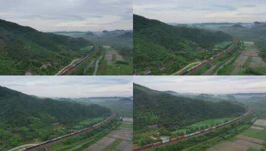 湖州境内一带一路宣杭铁路乡村振兴货运列车高清在线视频素材下载