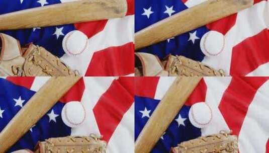 美国国旗上的棒球、棒球棒和棒球手套高清在线视频素材下载