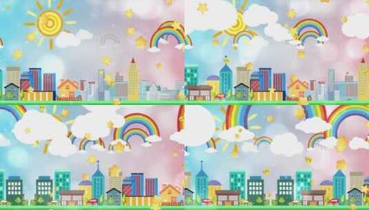 4K动态卡通城市太阳彩虹粒子背景视频高清在线视频素材下载