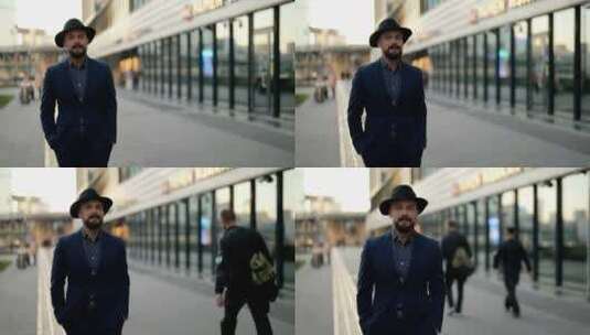 街上蓝色西服戴帽子的男人高清在线视频素材下载