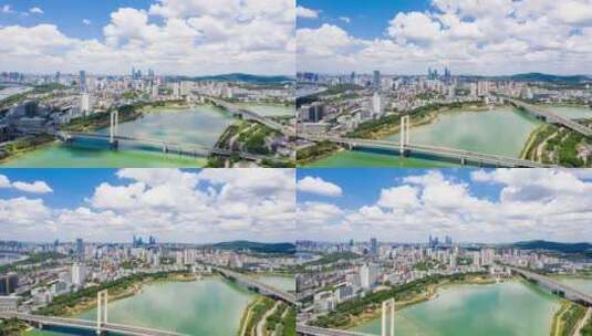 繁华城市建筑大桥江河蓝天白云车流高清在线视频素材下载