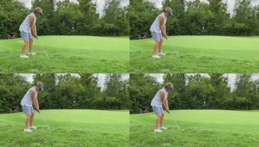 在草坪上打高尔夫的女人高清在线视频素材下载