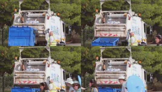 垃圾车把垃圾桶的垃圾倒进车里高清在线视频素材下载