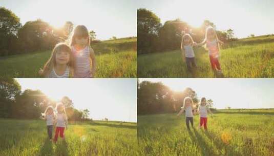 两个女孩在田野上奔跑玩闹高清在线视频素材下载