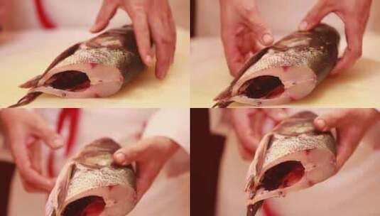 厨师切胖头鱼鱼头高清在线视频素材下载