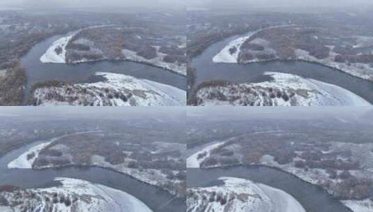 航拍秋季湿地河湾风雪交加高清在线视频素材下载