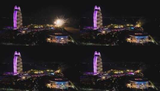 航拍三亚海棠湾焰火烟花表演亚特兰蒂斯酒店高清在线视频素材下载