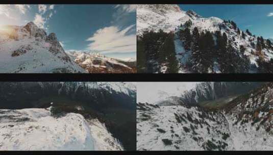 FPV无人机航拍雪山森林高山峡谷日出蓝天云高清在线视频素材下载