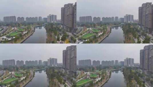 航拍四川成都温江区江安河畔房地产开发建设高清在线视频素材下载