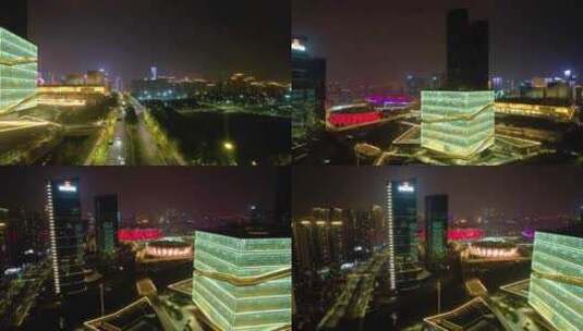 杭州滨江奥体中心杭州之门博览城夜景航拍高清在线视频素材下载