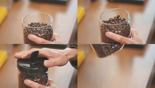 咖啡豆在罐子里摇晃关闭盖子高清在线视频素材下载