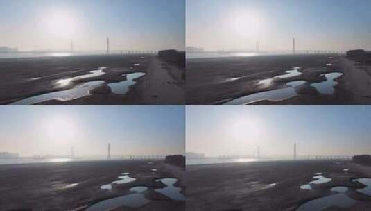 九江长江二桥及枯水期的江滩冬季航拍高清在线视频素材下载