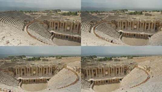 古代圆形剧场顶部的全景，柱子和下面的石像高清在线视频素材下载