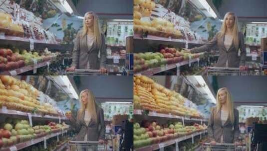 超市购物手推车的美丽年轻女子高清在线视频素材下载