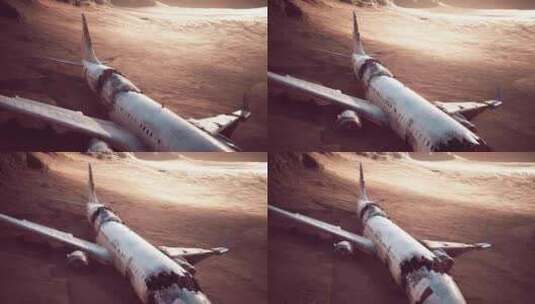 4K 沙漠中坠毁的被遗弃的破碎飞机高清在线视频素材下载