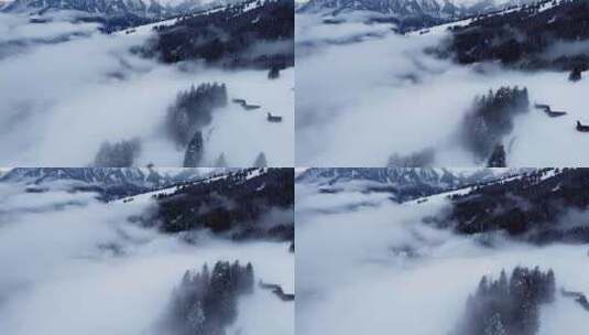 4k风景云雾中的森林村庄雪山高清在线视频素材下载