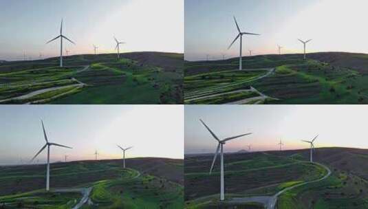 日落风电工厂生态友好电力生产鸟瞰图高清在线视频素材下载