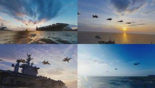 战斗机飞过海上航行的航空母舰高清在线视频素材下载