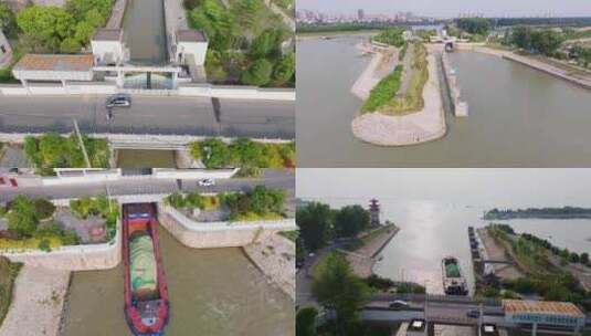 京杭大运河高邮湖运西船闸开闸通航高清在线视频素材下载