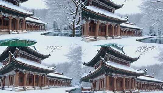 雪中的古建筑，被雪覆盖的屋顶和柱子高清在线视频素材下载