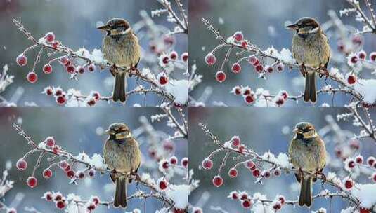 雪天枝头小鸟特写高清在线视频素材下载