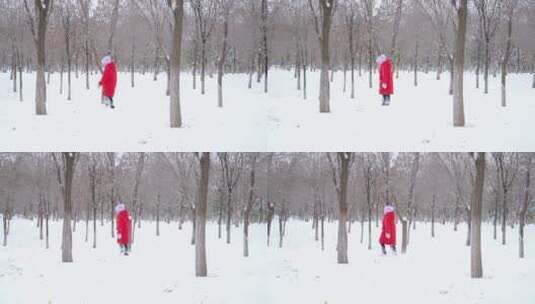 冬天在公园雪地里奔跑的中国女孩形象高清在线视频素材下载