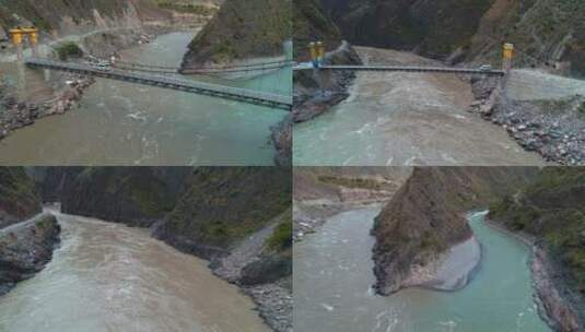 4k西藏江河视频航拍藏区江上的铁索桥和车辆高清在线视频素材下载