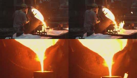 4K工业浇筑 钢铁冶炼 浇注熔融金 铸造高清在线视频素材下载