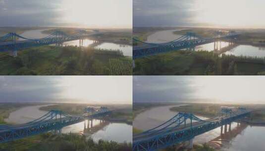 山东济南石济黄河公铁两用桥日出航拍高清在线视频素材下载
