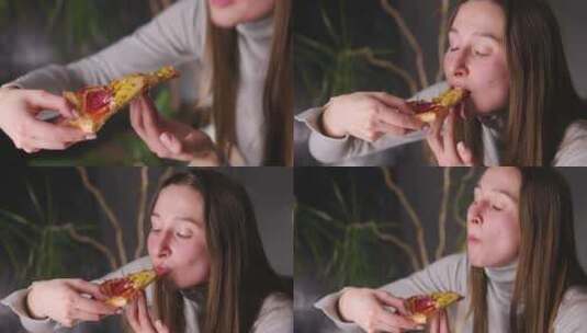 女人吃披萨的特写镜头高清在线视频素材下载