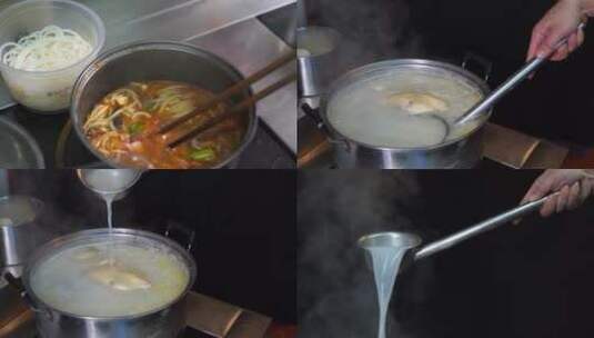 米线制作过程粉丝粉条骨汤鸡汤熬制高烫浓汤高清在线视频素材下载