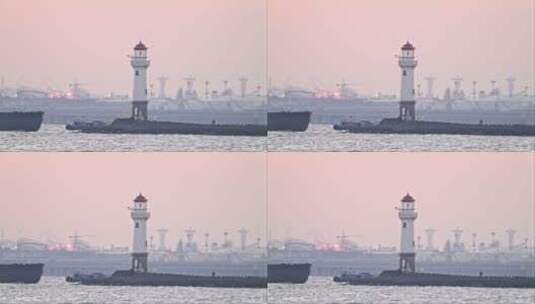 上海宝山吴淞口灯塔游轮货船运输日出航拍高清在线视频素材下载