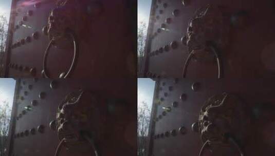 阳光下的木门狮子门环高清在线视频素材下载