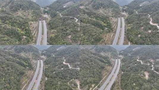 森林高速公路隧道航拍山峰隧道山脉森林道路高清在线视频素材下载