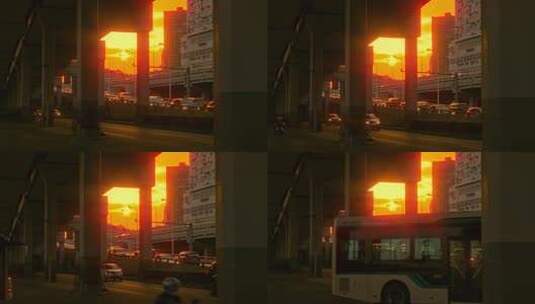 南浦大桥高架桥下夕阳下的车流高清在线视频素材下载