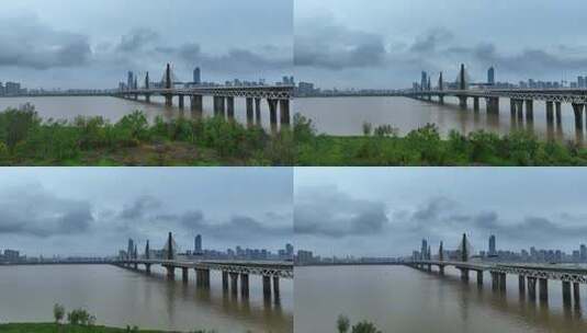阴雨天南昌朝阳大桥航拍高清在线视频素材下载