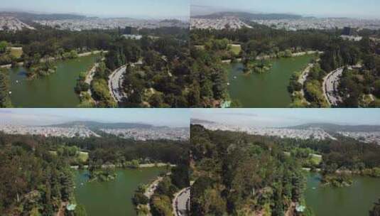 旧金山金门公园和湖泊的天线，汽车通过高清在线视频素材下载