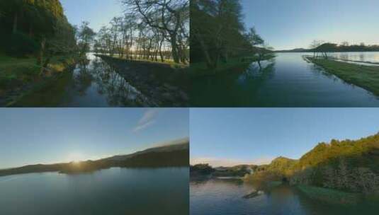 FPV航拍森林湖泊河流山川日出高清在线视频素材下载