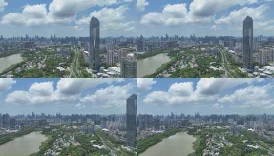 4K深圳华侨城大厦蓝天白云航拍高清在线视频素材下载